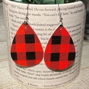 5/$25 Buffalo Plaid Leather Earrings Red Black Plaid Christmas Plaid Red Plaid